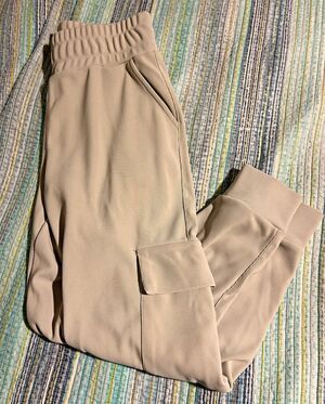 Move Theory Womens Ribbed Cargo Jogger Pants Cream/White High Waist Stretch L